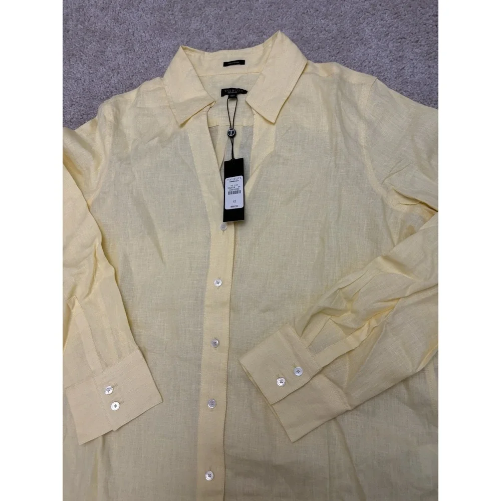 New Women's Talbots 100% Linen Relax Button Down Shirt Yellow Size 12 - Picture 2 of 6